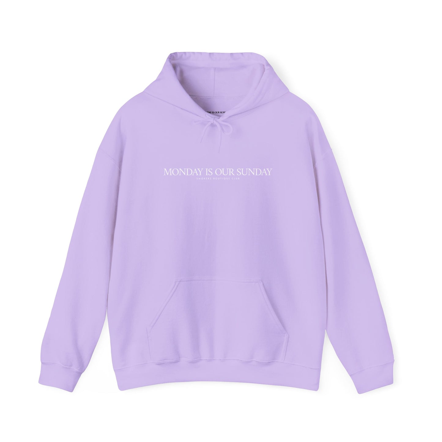 Monday is our Sunday Classic Hoodie33 WHITE ON ORCHID